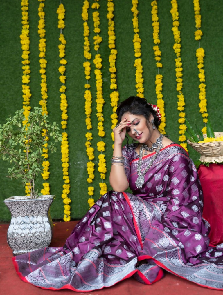 Jyoti Fashion Women's Wine Soft Handloom Silk Zari Woven Saree with Blouse | Grocsy