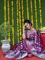 Jyoti Fashion Women's Wine Soft Handloom Silk Zari Woven Saree with Blouse | Grocsy