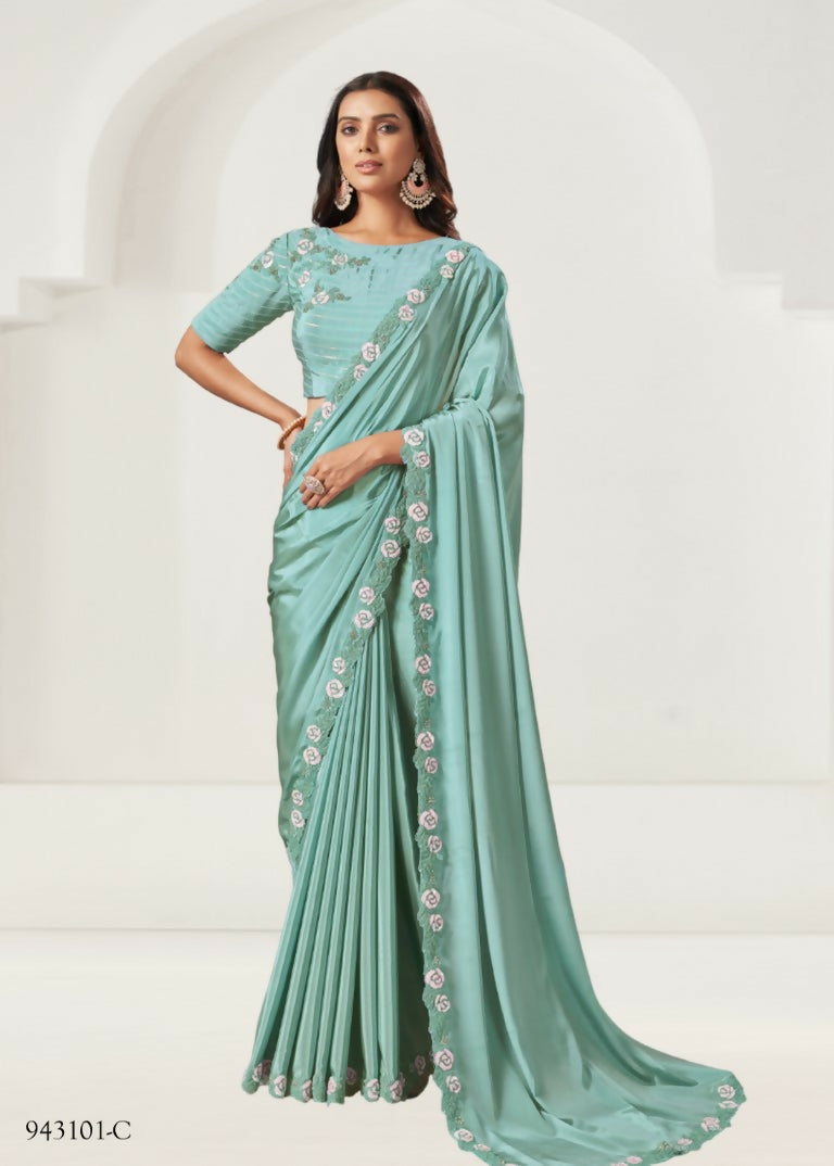 Sea Green Silk Crepe Cord Embroidered With Sequence Work Saree - Norita Nirali | Grocsy