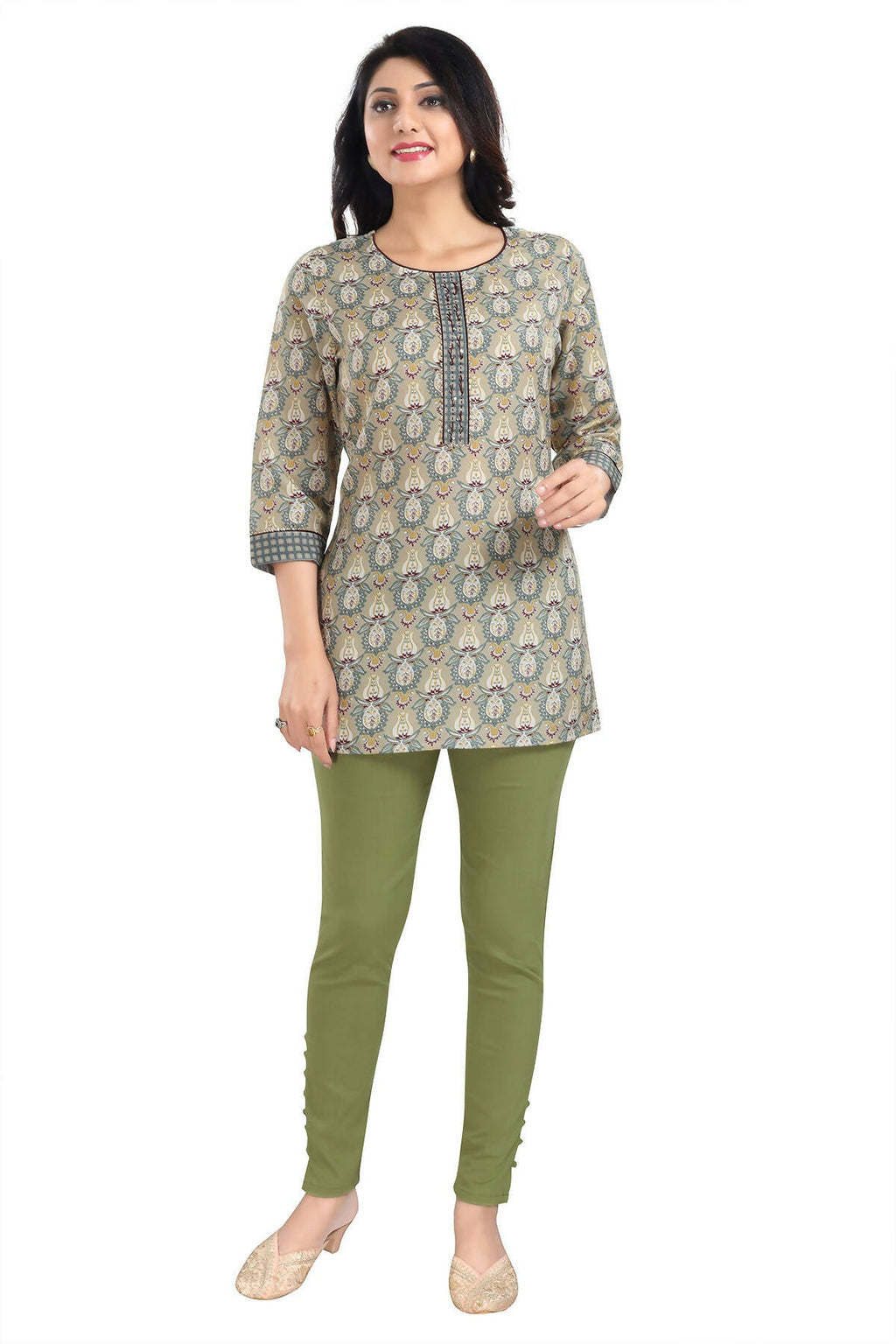 Snehal Creations Pretty Pastle Variyali Green Rayon Short Kurti Tunic Top | Grocsy