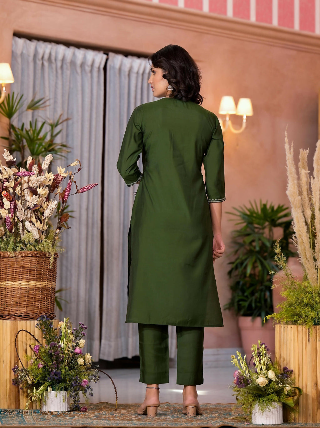Juniper Women's Green Zari Embroidered Viscose Kurta Pant And Dupatta Set With Tassels On Dupatta | Grocsy