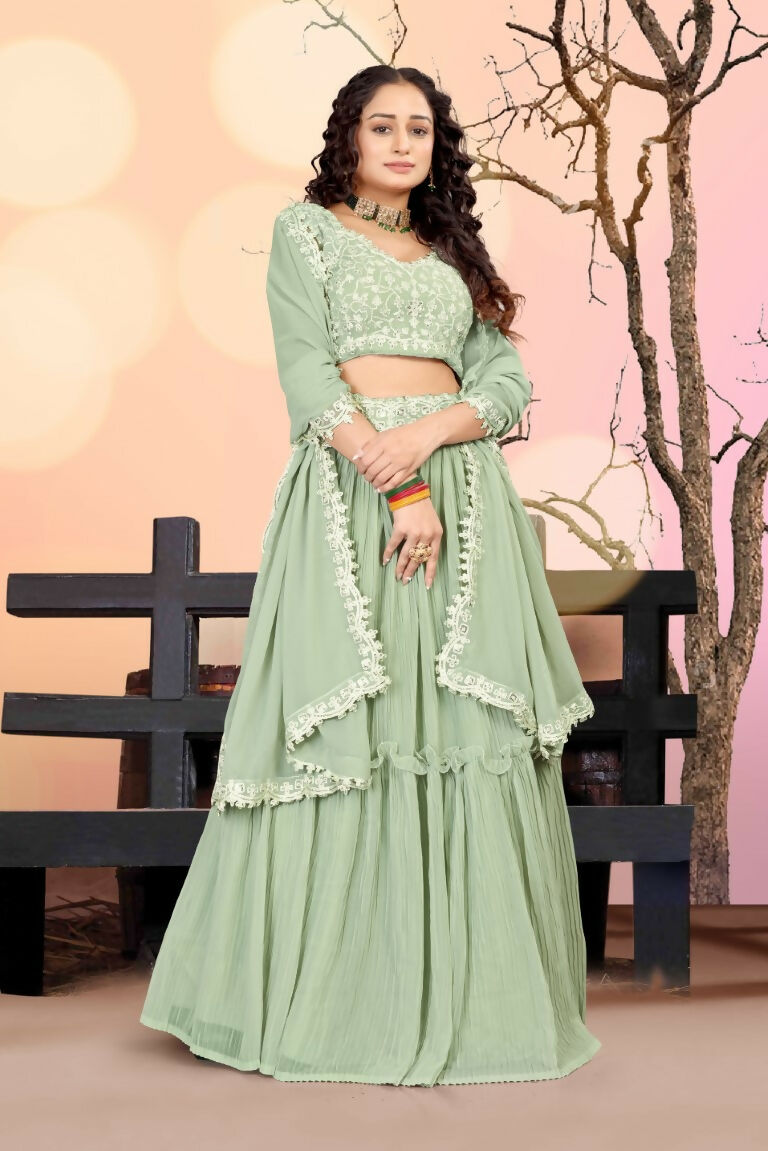 Jyoti Fashion Sea Green Two Tier Crush Georgette Lehenga Choli with Dupatta | Grocsy