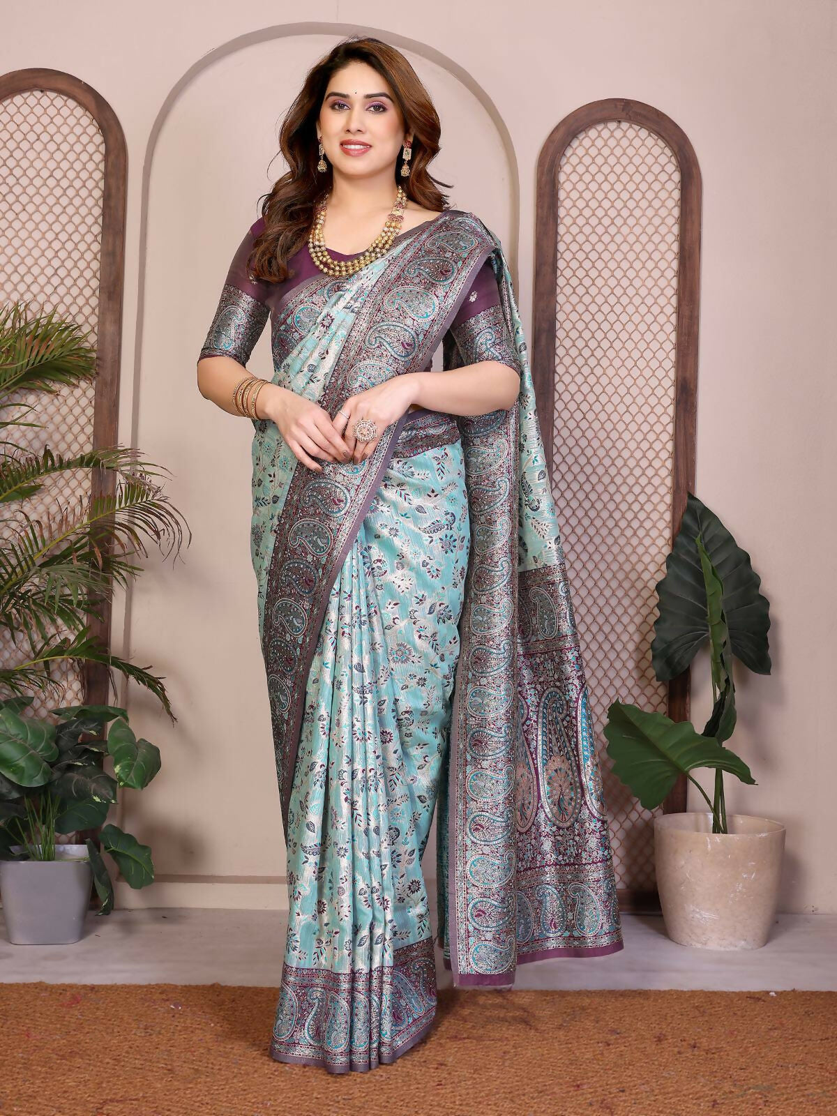 Teeya Creation New Latest Trendy Wedding Wear Pashmina Silk Saree-Blue | Grocsy