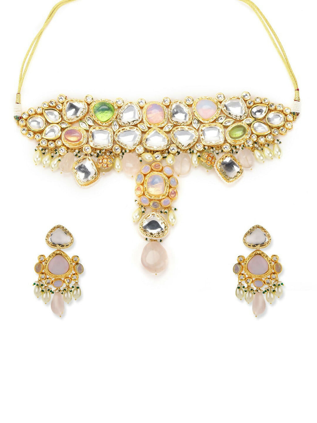 Multi Stone Maharani Kundan Neckpiece with Earrings and Maang Tikka- Ruby Raang | Grocsy