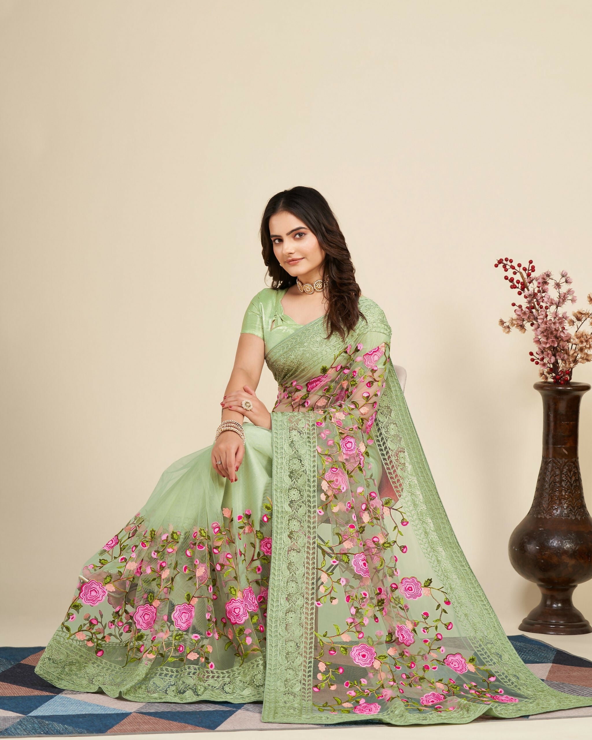 Teeya Creation Womens Latest Stylish Party Wear Soft Net Saree-Green | Grocsy