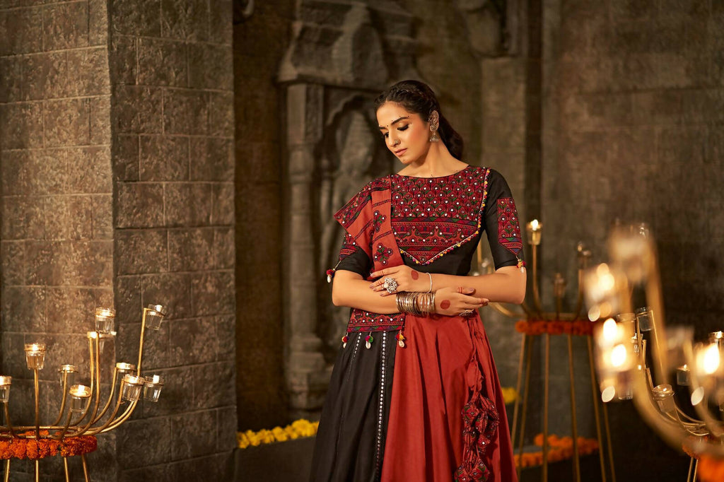 Orange Cotton Thread Embroidered Navratri Lehenga Choli with Dupatta - Raas | Grocsy