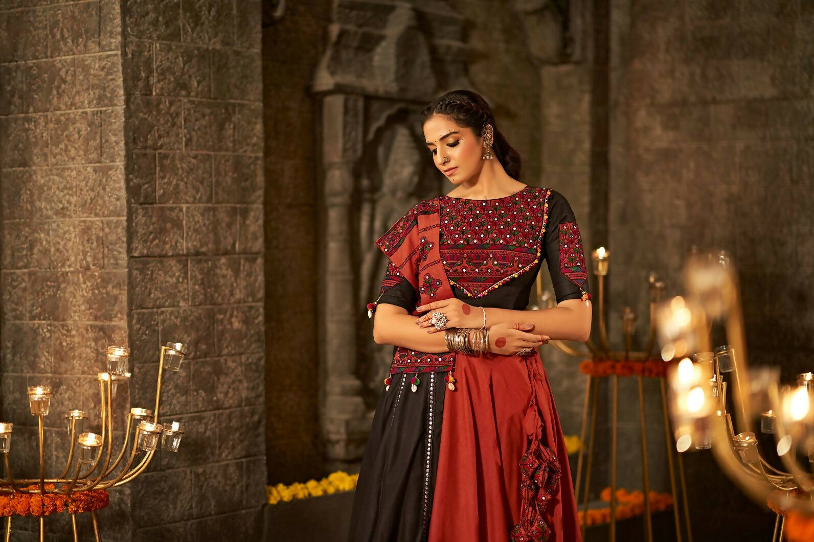Orange Cotton Thread Embroidered Navratri Lehenga Choli with Dupatta - Raas | Grocsy