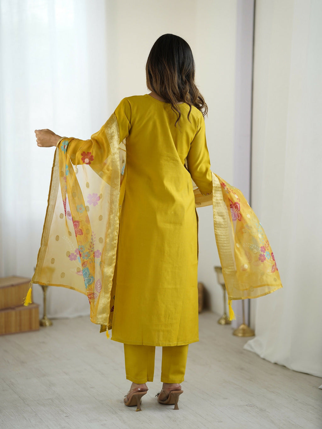 The52 Yellow Women's Gorgeous Embroidered work Viscose Gadhwal Fabric Straight Kurta, Pant and Dupatta Set | Grocsy