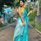 DEIANA'S Beautiful Designer Golden zari Soft Lichi Silk Saree - Sky | Grocsy