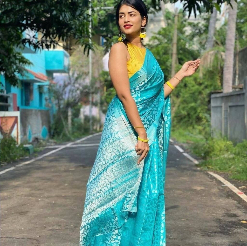 DEIANA'S Beautiful Designer Golden zari Soft Lichi Silk Saree - Sky | Grocsy