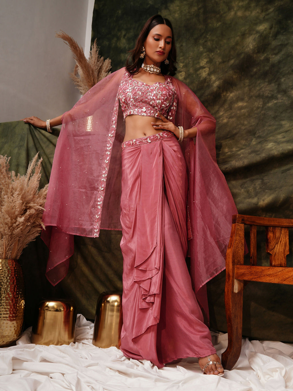 Pink Pure Crepe Handwork Top with Skirt & Shrug - Naomika | Grocsy