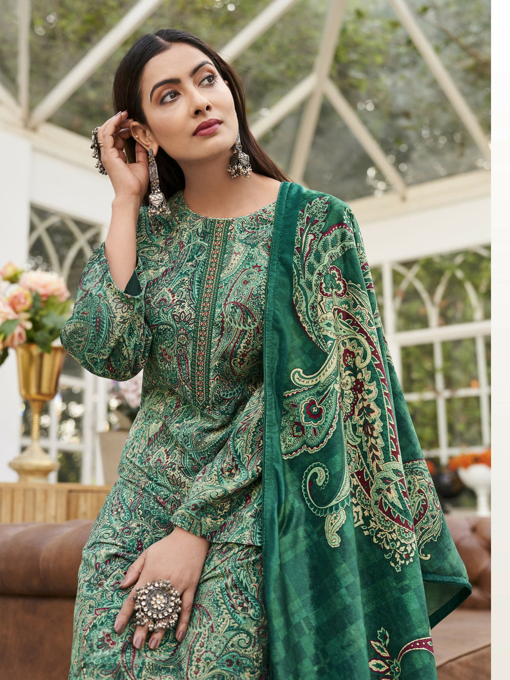 Jyoti Fashion Women's Green Velvet Digital Print with Resham Thread work Kurta with Trouser & Dupatta | Grocsy