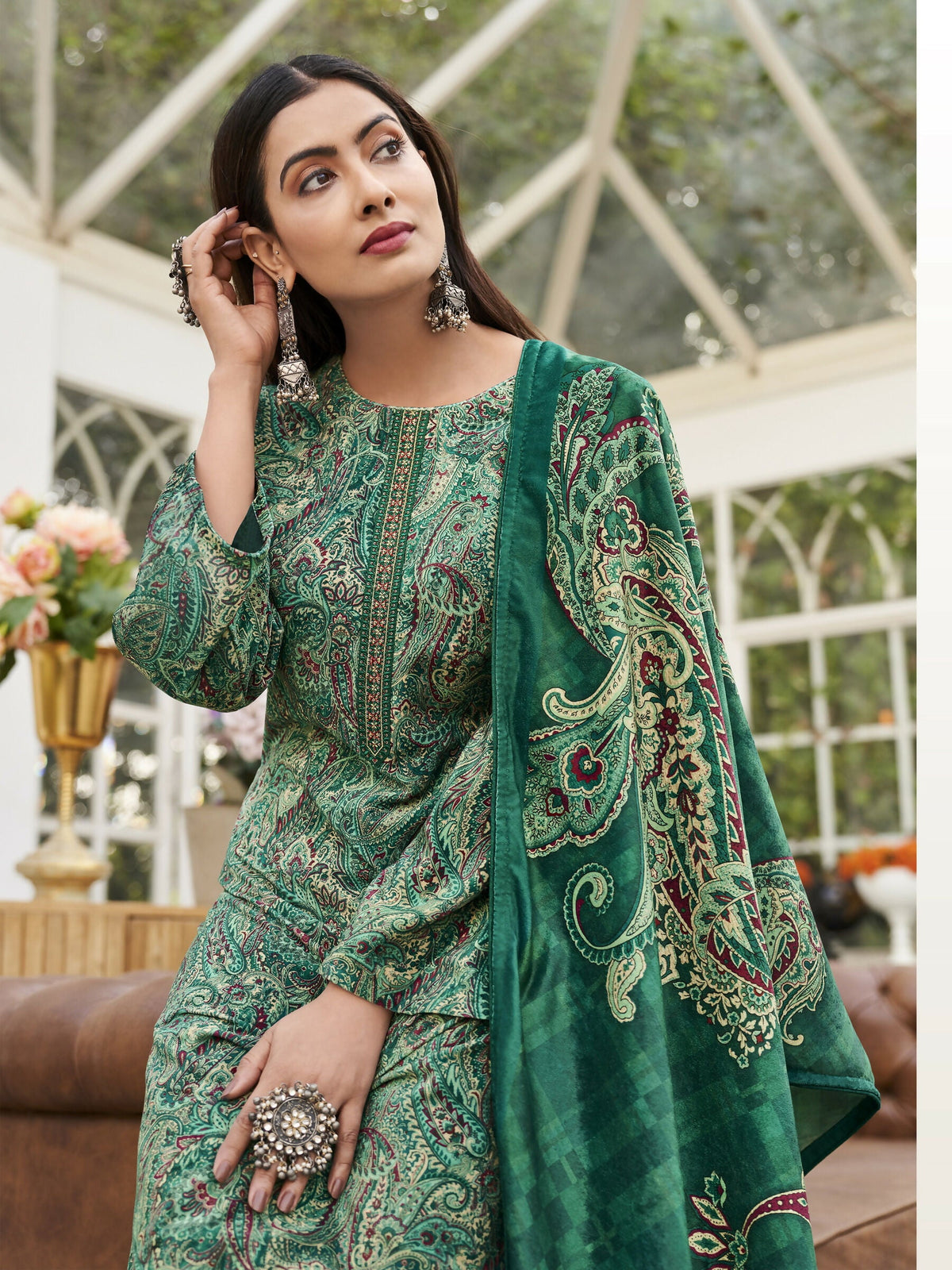 Jyoti Fashion Women's Green Velvet Digital Print with Resham Thread work Kurta with Trouser & Dupatta | Grocsy