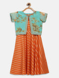 Ahalyaa Orange Crepe Gold Stripped Printed Kids Dress With Jacket For Girls | Grocsy