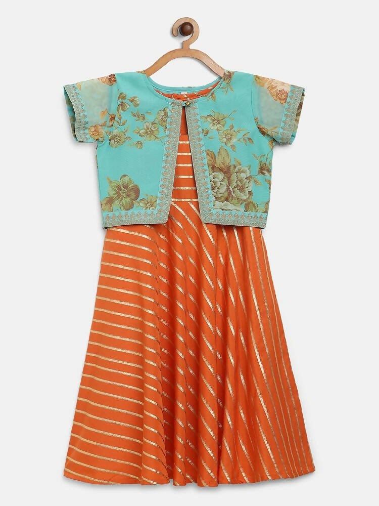 Ahalyaa Orange Crepe Gold Stripped Printed Kids Dress With Jacket For Girls | Grocsy