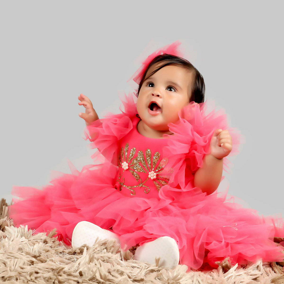 Pink Cow Fashions Pink Gown With Frill Sleeves & Ghera | Grocsy