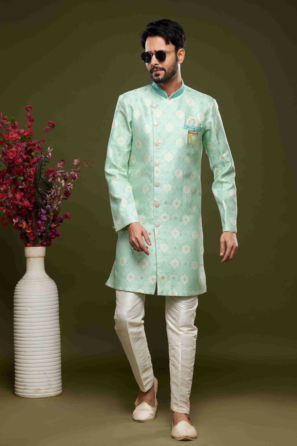 Raivat Ethnic Banarasi Jacquard Embroidery Semi Indo Western Sherwani In Pista Green Colour | Grocsy