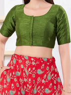 Joban Fashion Mehendi-Green Dupion Silk Elbow Sleeveless Front Open Blouse | Grocsy