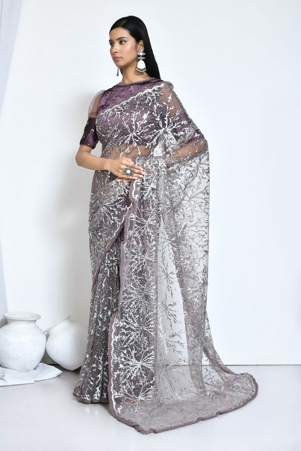 Brown Net Sequence Embroidered Festive Saree - Nimaya Denzy | Grocsy