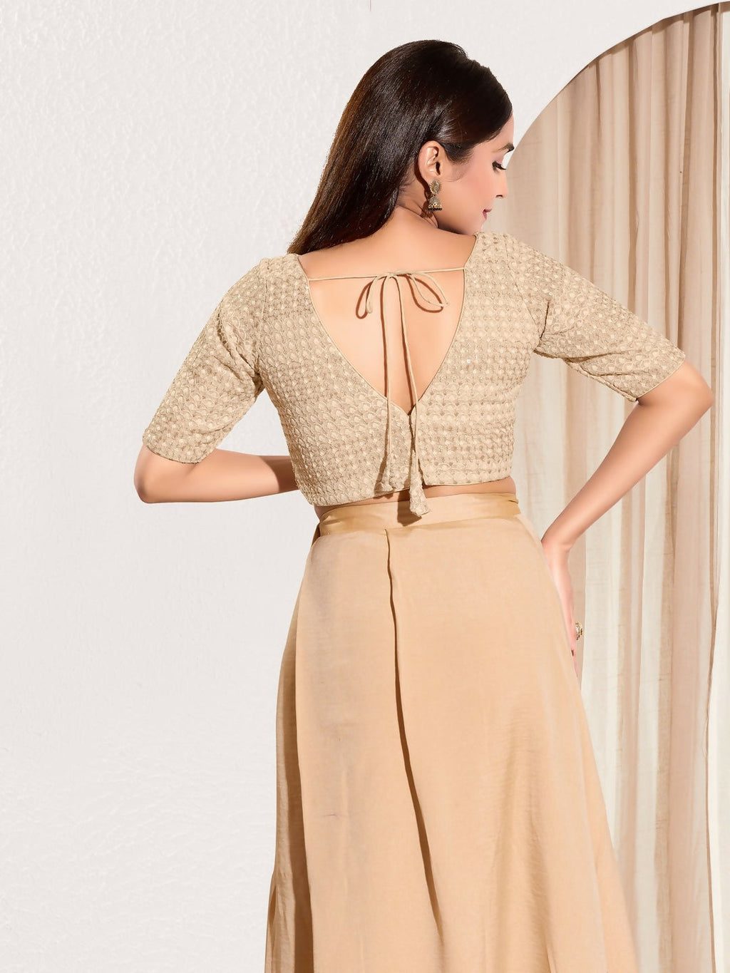 Joban Fashion Gold Crochet Padded Blouse With V Neck Elbow Sleeves | Grocsy