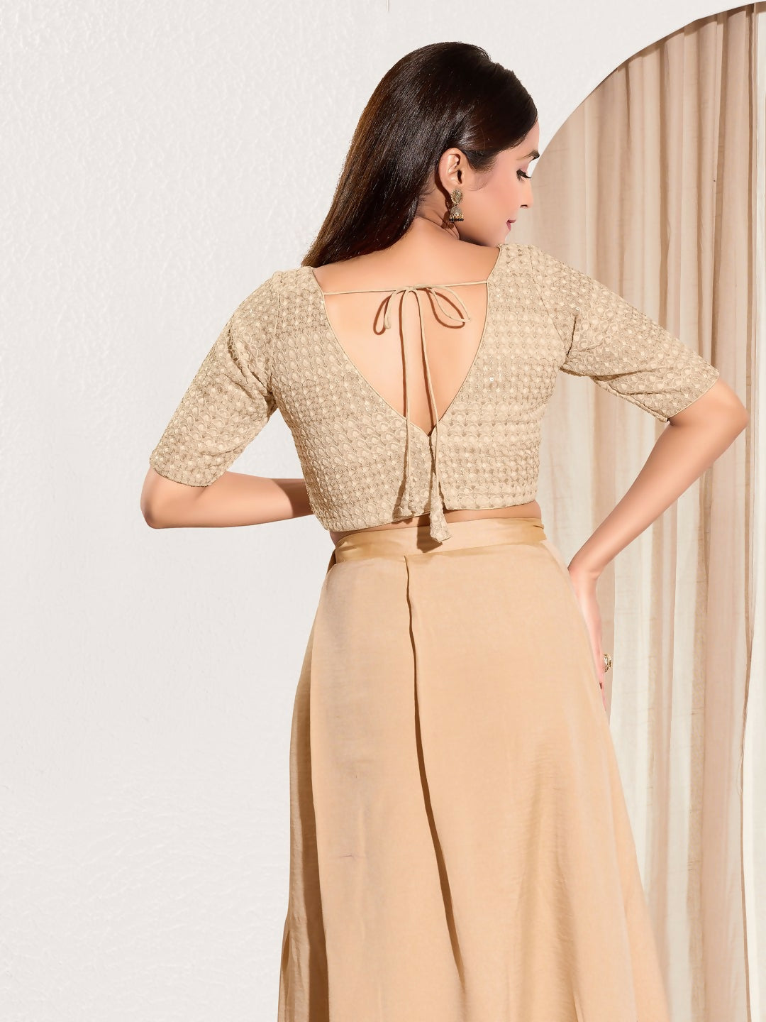 Joban Fashion Gold Crochet Padded Blouse With V Neck Elbow Sleeves | Grocsy