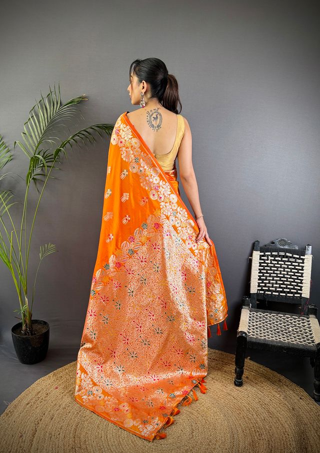 Elora Orange Soft Silk Floral Zari Weaving Meenakari Saree With Floral Border | Grocsy