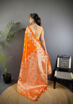 Elora Orange Soft Silk Floral Zari Weaving Meenakari Saree With Floral Border | Grocsy