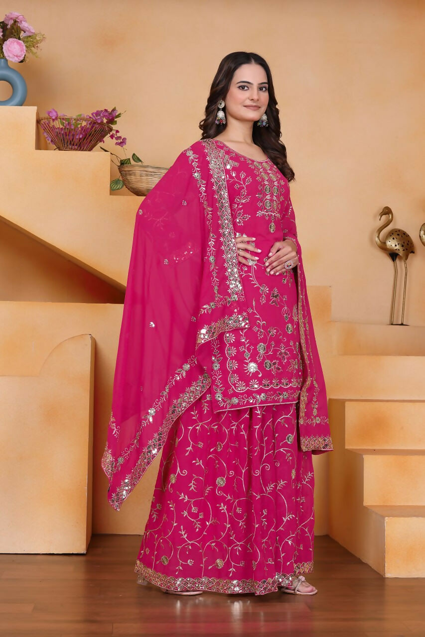 Teeya Creation Pink Color Faux Georgette Embroidery Work Wedding Wear Palazzo Set | Grocsy