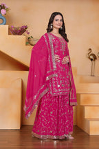 Teeya Creation Pink Color Faux Georgette Embroidery Work Wedding Wear Palazzo Set | Grocsy