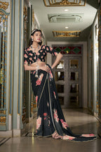 Vastranavya Black Spectacular Georgette Printed with Pearl Lace Saree with Unstitched Blouse | Grocsy