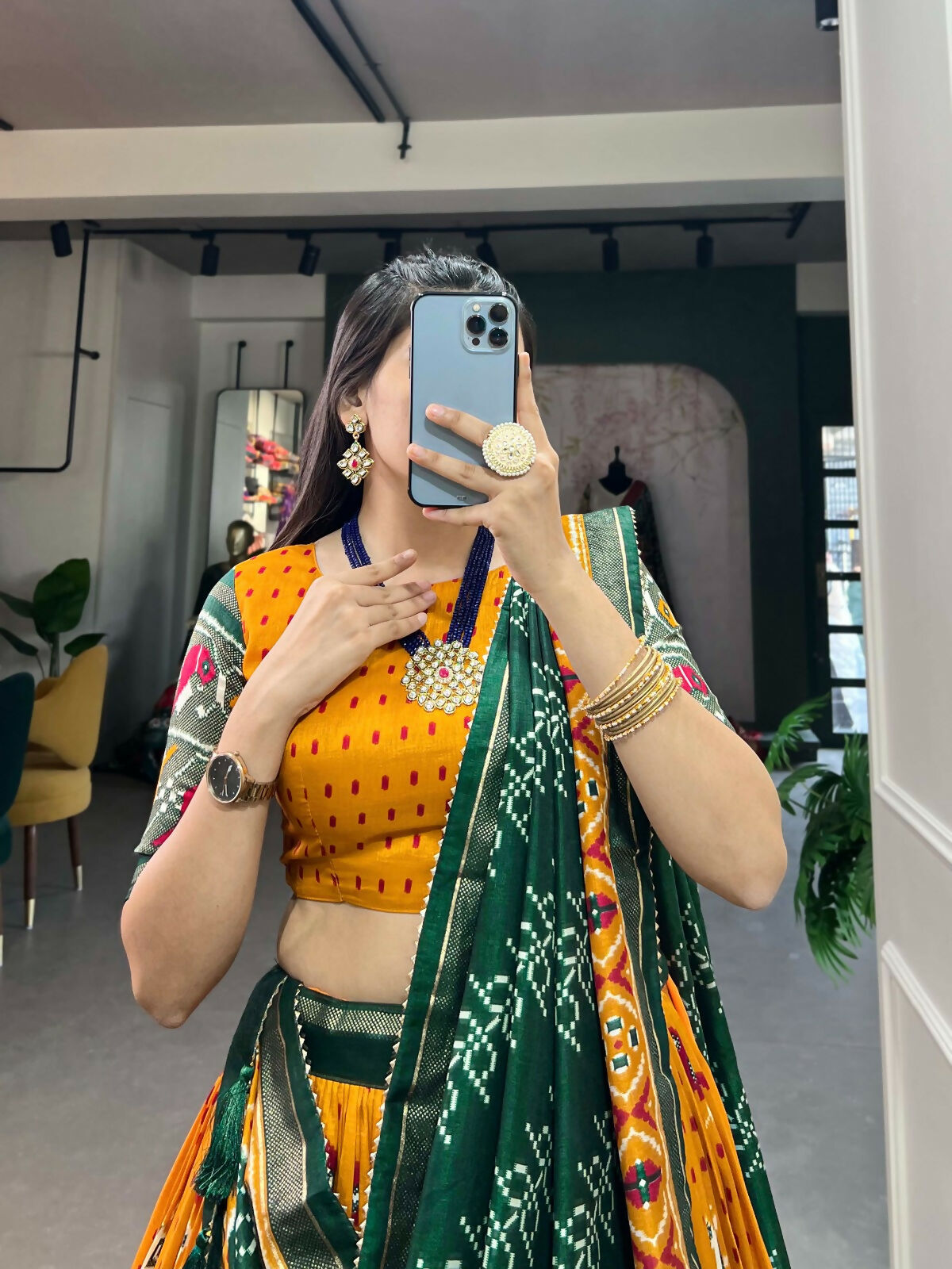 Vastranavya Traditional Ikkat Patola Print Tussar Silk Lehenga Choli - Mustard | Grocsy