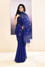 Piyari Fashion Women's Blue Embellished Cotton Blend Jamdani Saree | Grocsy