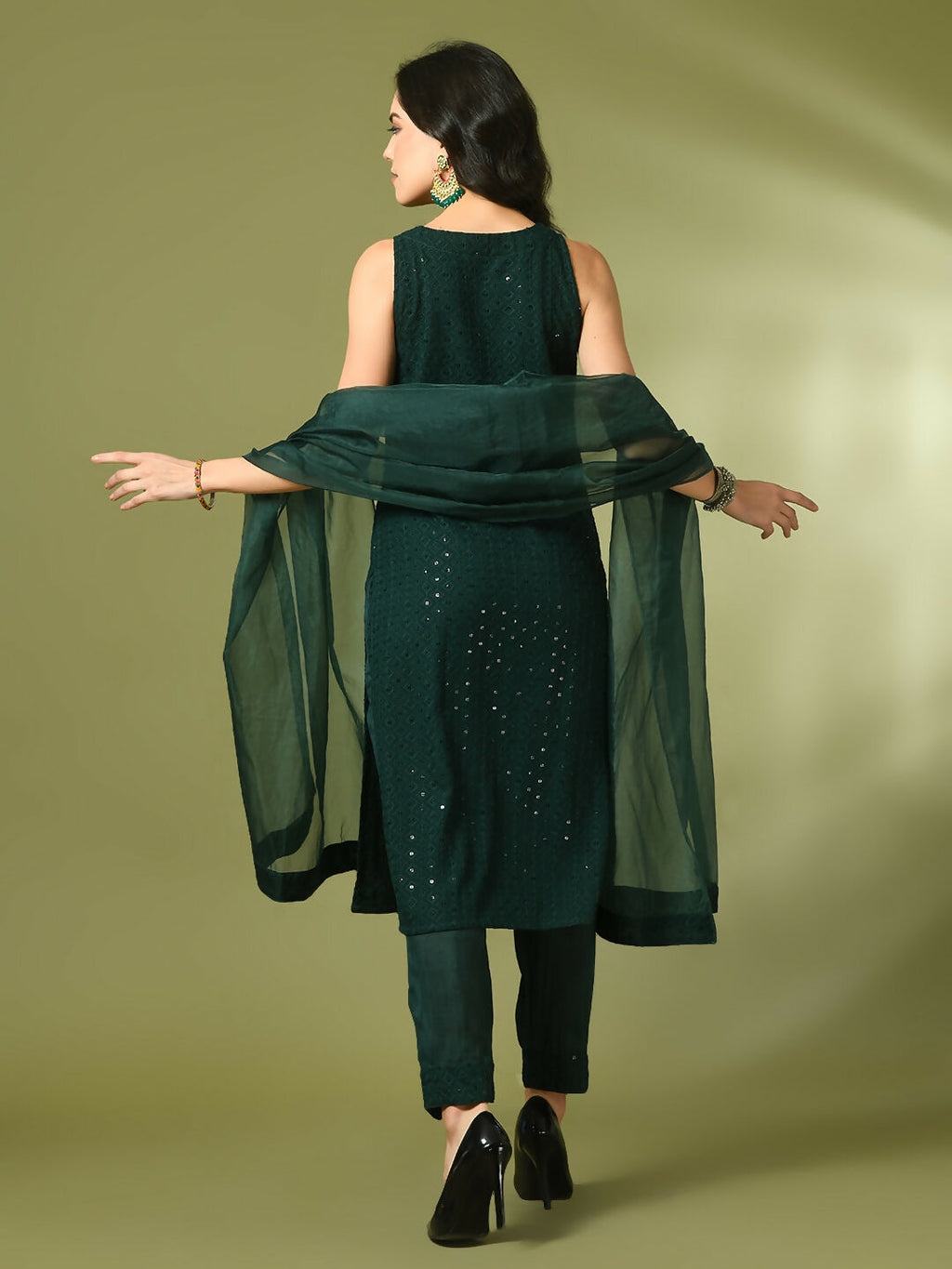 Myshka Women's Green Embroidered Cotton Straight Party Kurta Set With Dupatta | Grocsy