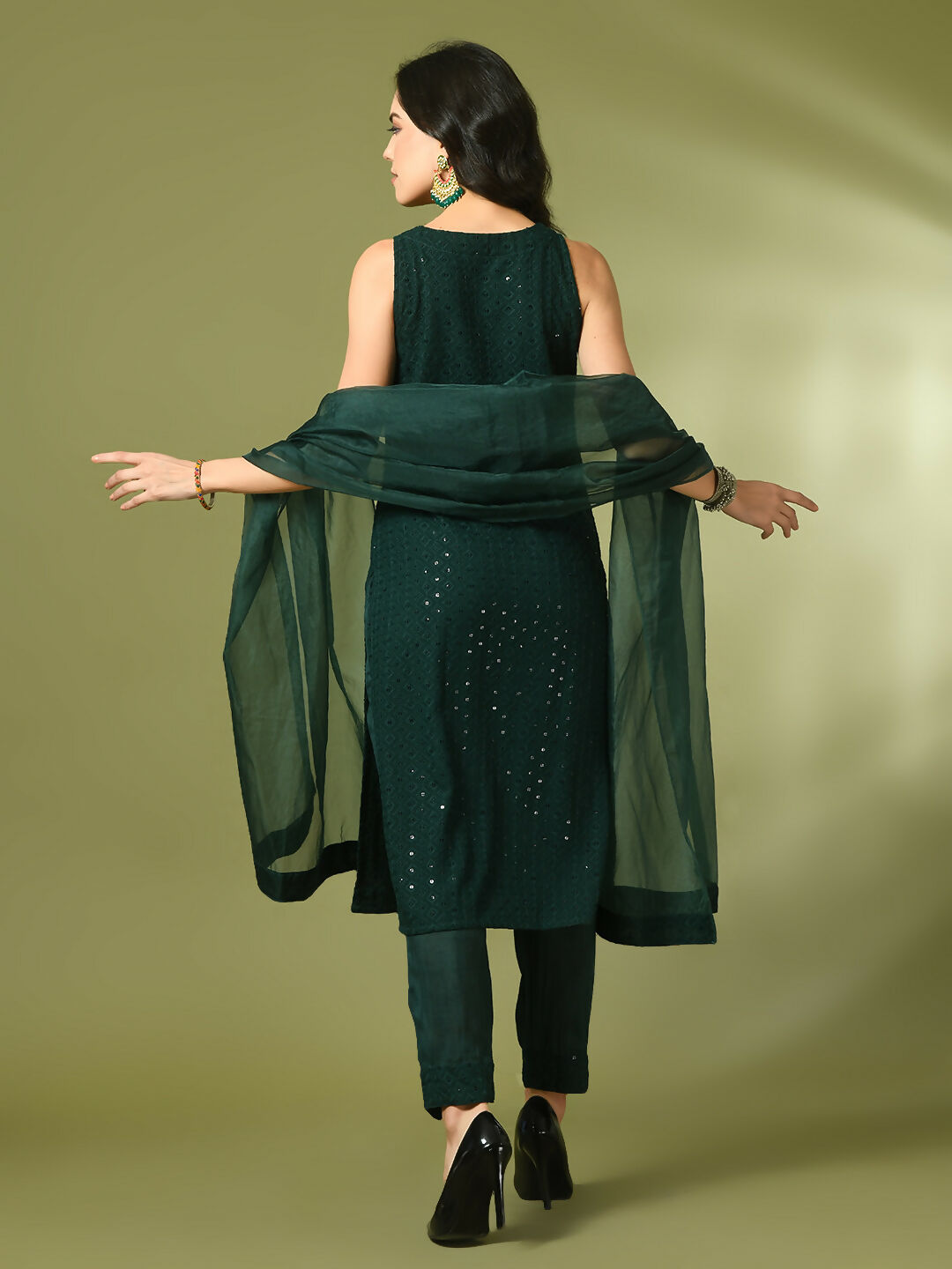 Myshka Women's Green Embroidered Cotton Straight Party Kurta Set With Dupatta | Grocsy