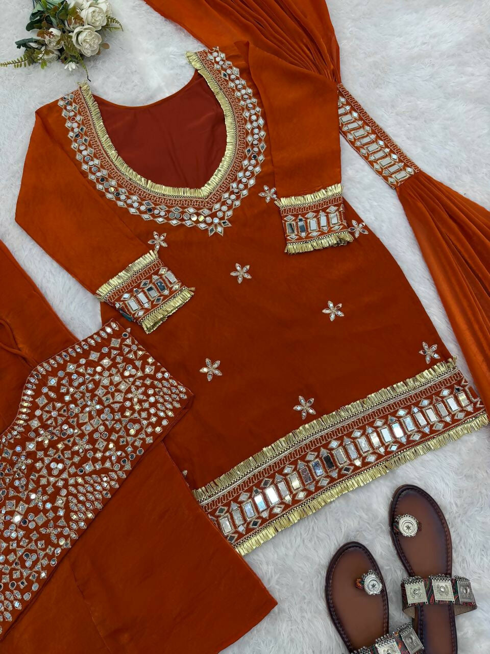 Teeya Creation New Trendy Stylish Real Mirror Work With Lace Border Orange Kurta Set | Grocsy