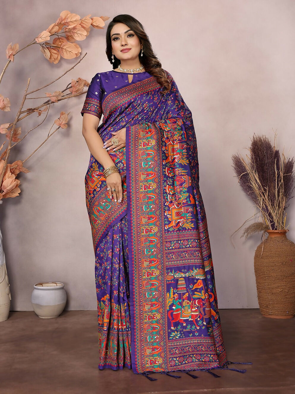 Joban Fashion Purple Meena Weaves Pashmina Sarees | Grocsy