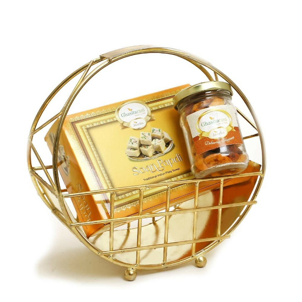 Ghasitaram Half Moon Metal Basket of Mix Dryfruits, Soan Papdi | Grocsy