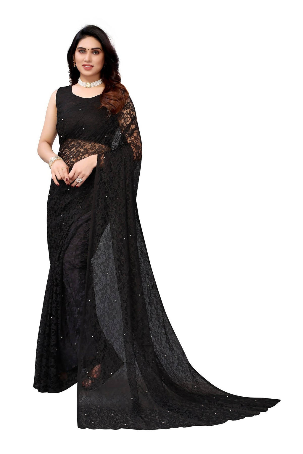 Vamika Ethnic Fire Black Pearls Net Saree | Grocsy