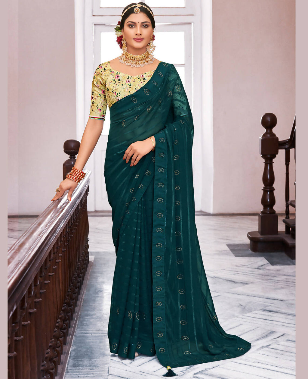 Teal Georgette Swaroski Work Saree With Unstitched Blouse Piece - Juhi | Grocsy
