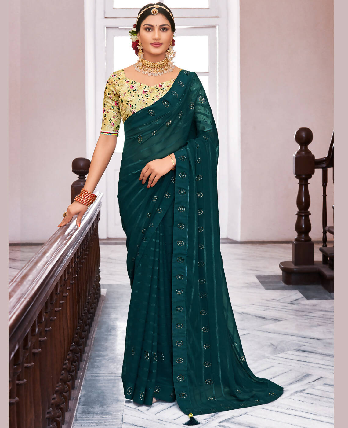 Teal Georgette Swaroski Work Saree With Unstitched Blouse Piece - Juhi | Grocsy