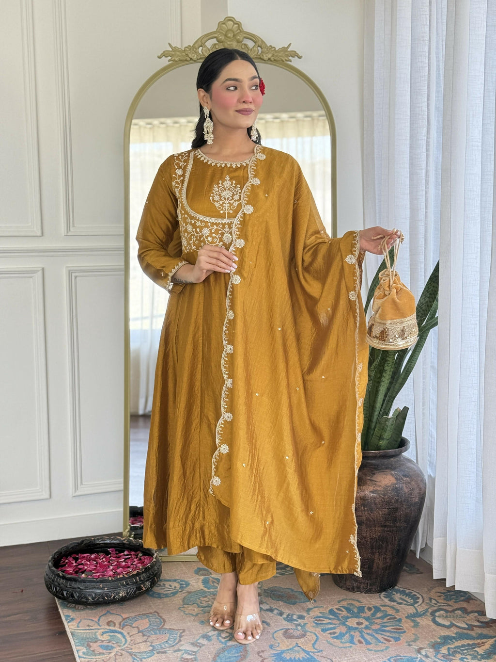 The52 Mustard Women's Gorgeous Embroidered Vichitra Silk Fabric Flared Kurta Pant with Dupatta Set | Grocsy