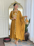 The52 Mustard Women's Gorgeous Embroidered Vichitra Silk Fabric Flared Kurta Pant with Dupatta Set | Grocsy