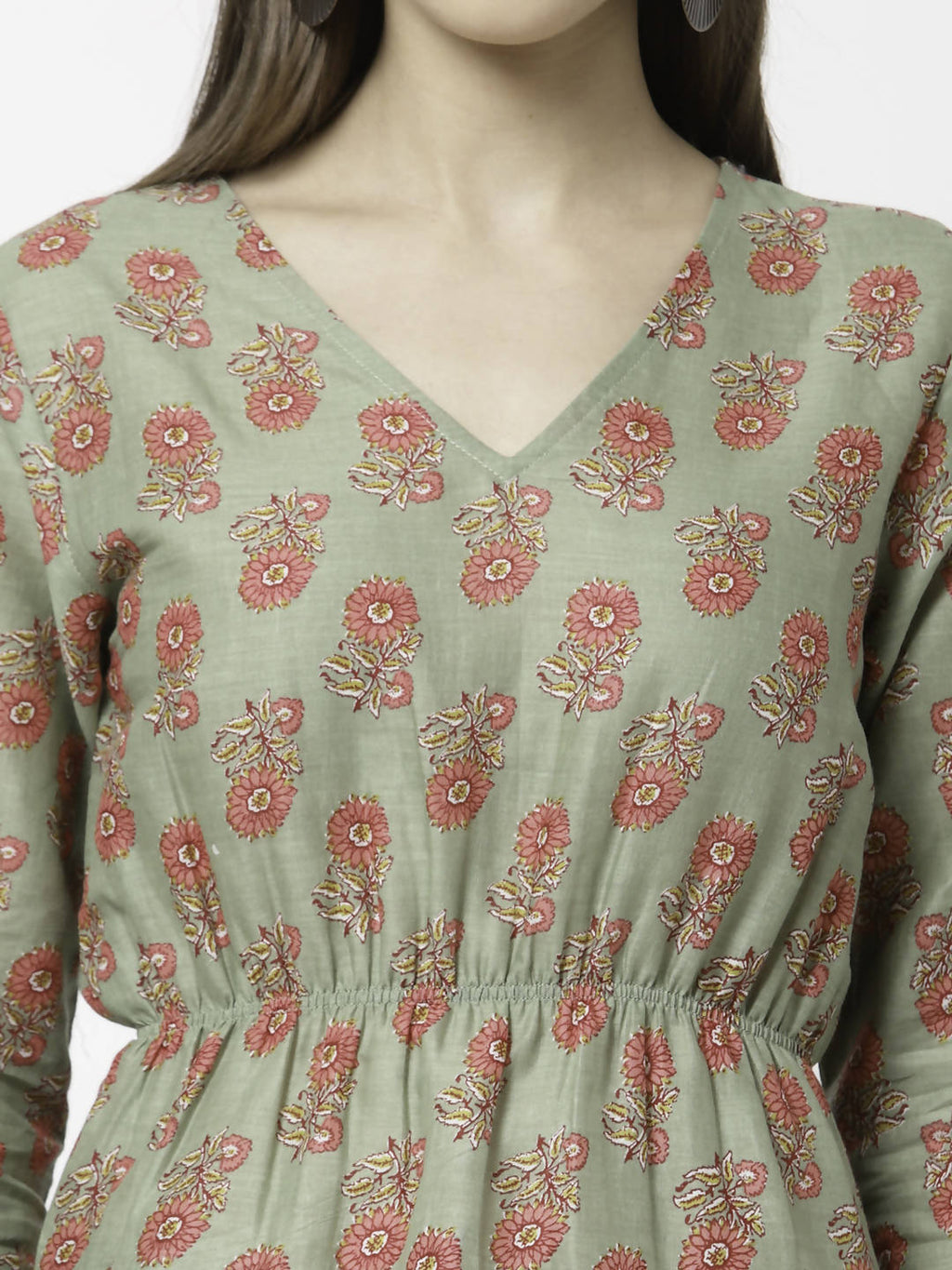 Myshka Printed 3/4 Sleeve V-Neck Casual Pure Cotton Green Top For Women | Grocsy