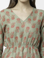 Myshka Printed 3/4 Sleeve V-Neck Casual Pure Cotton Green Top For Women | Grocsy