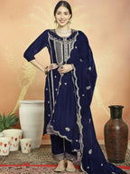 Jyoti Fashion Women's Navy Blue Velvet Cording with Resham Thread & Sequin Kurta with Trouser & Dupatta | Grocsy