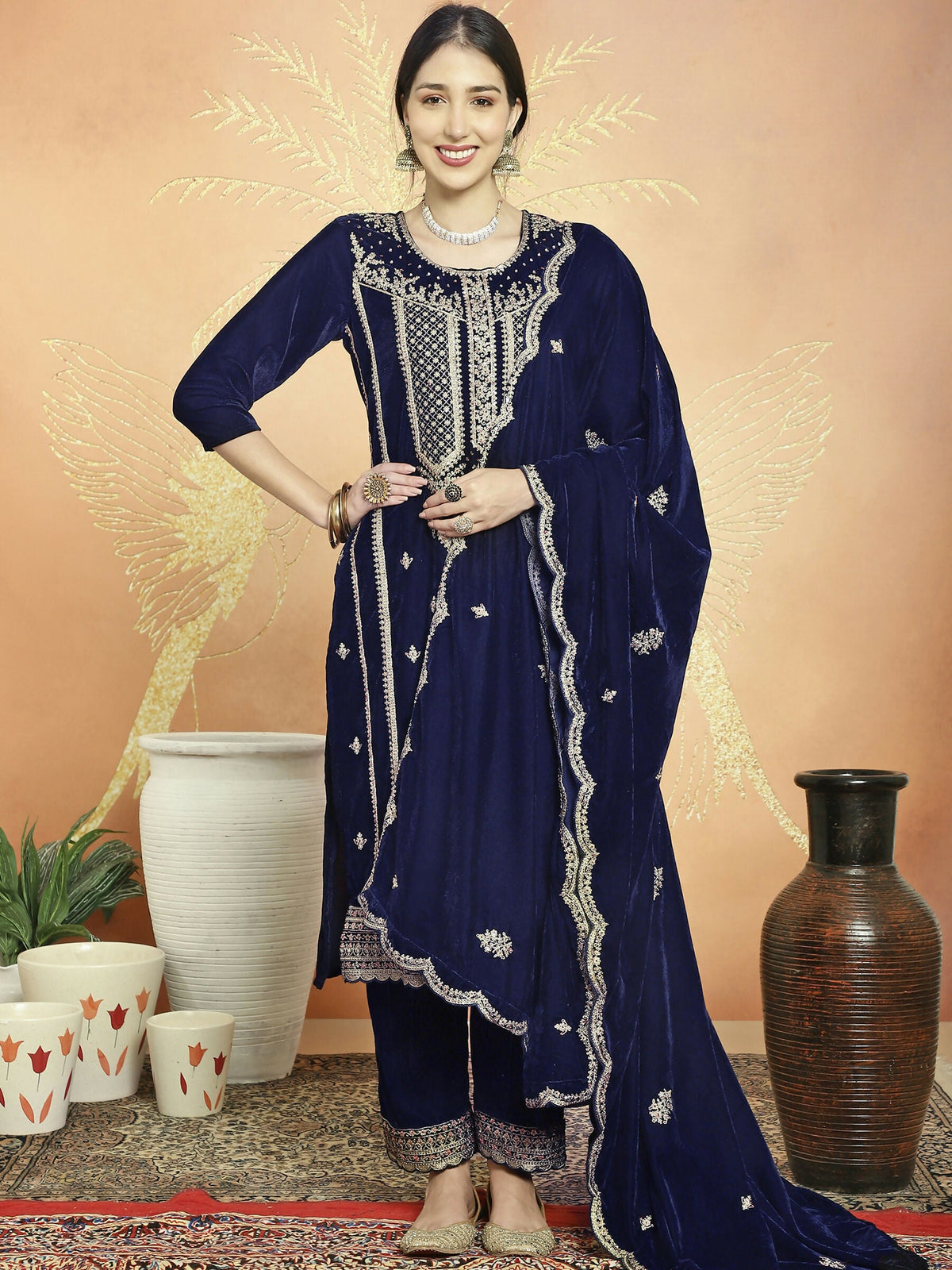 Jyoti Fashion Women's Navy Blue Velvet Cording with Resham Thread & Sequin Kurta with Trouser & Dupatta | Grocsy