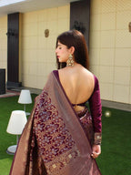 DEIANA'S Beautiful Designer Golden zari Soft Lichi Silk Saree - Wine | Grocsy