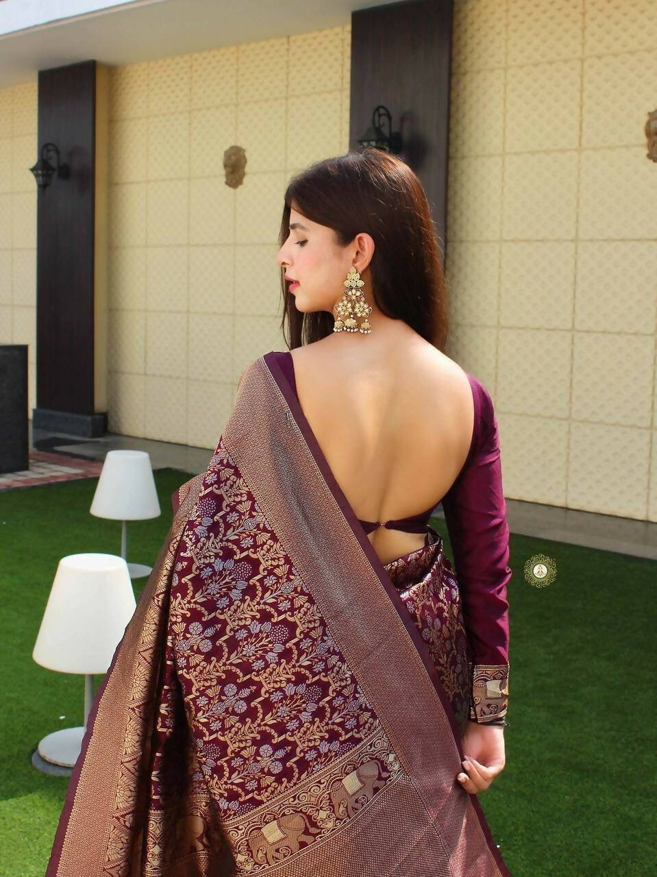 DEIANA'S Beautiful Designer Golden zari Soft Lichi Silk Saree - Wine | Grocsy