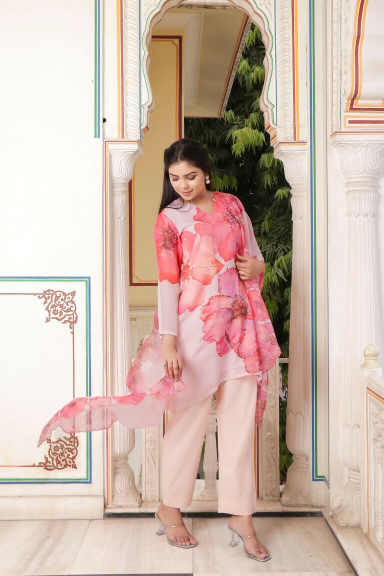 Vaasva Women Ivory Tabby Slik Print & Embroidered Kurta, Pant & Dupatta set | Grocsy