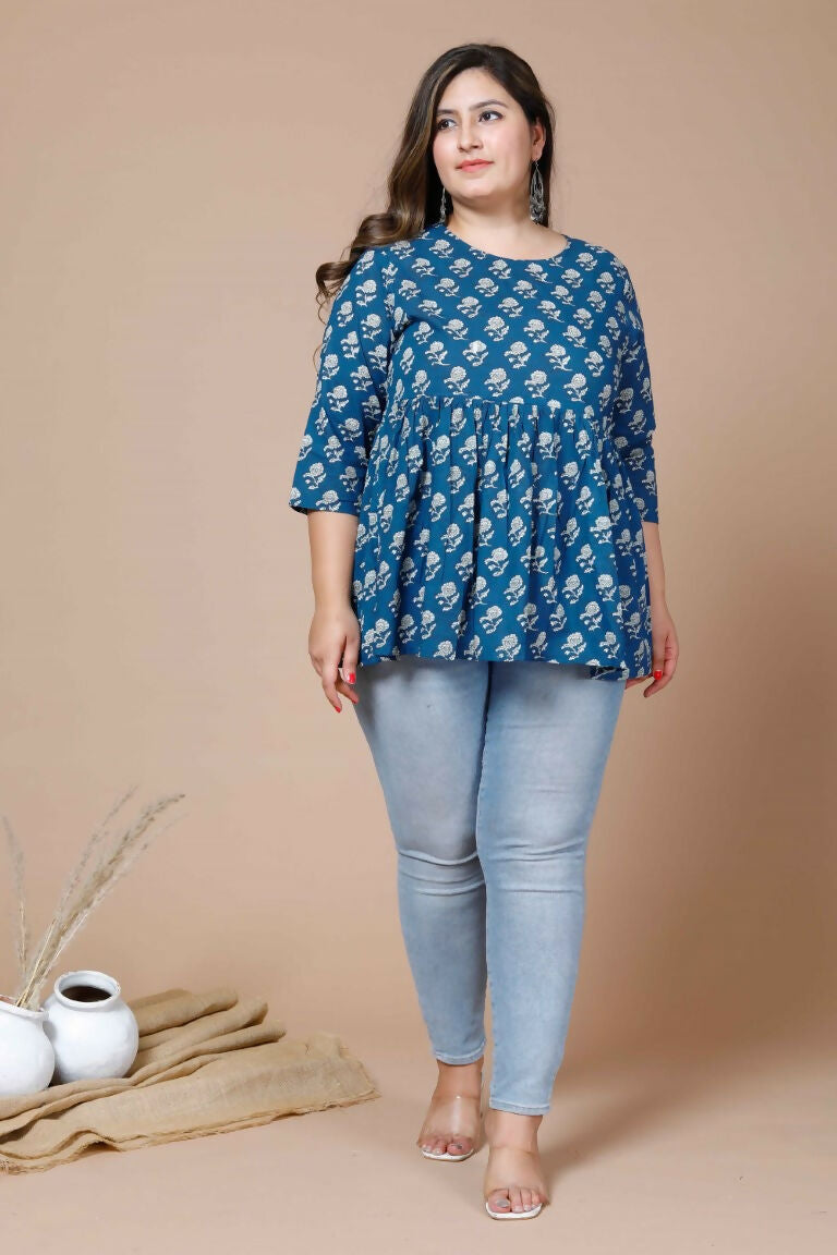 Miravan Women's Blue Plus Size Cotton Floral Printed Short Kurti | Grocsy